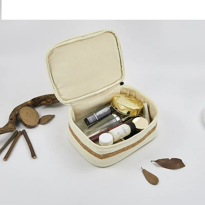 Cotton Canvas Organizing Bag Original Color Wood Grain Travel Washing and Storage Bag Set Environmentally Friendly Cork Makeup Bag