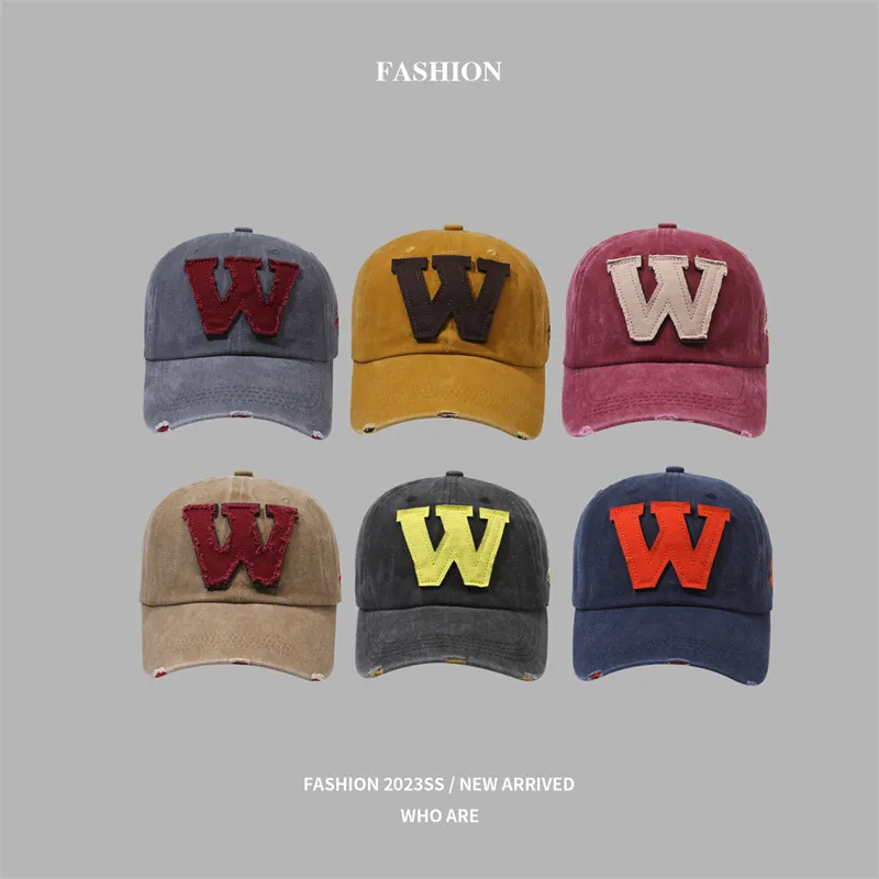 Classic Italic W Letter Washed Distressed Embroidered Baseball Cap