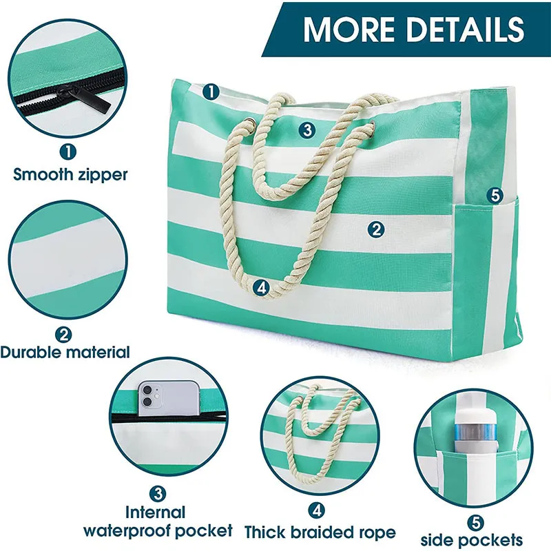 Customizable Outdoor Striped Large Storage Fashionable Cotton Handheld Beach Bag Large Capacity Travel Shopping Bag