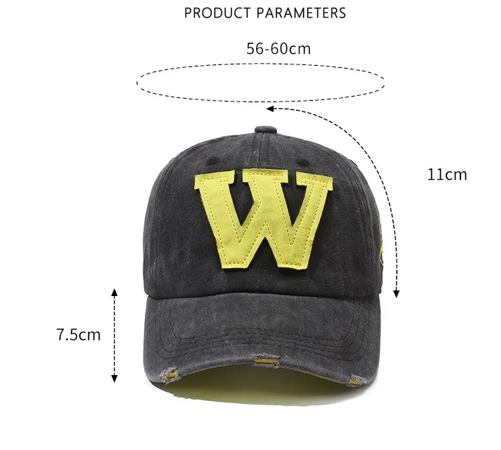 Classic Italic W Letter Washed Distressed Embroidered Baseball Cap