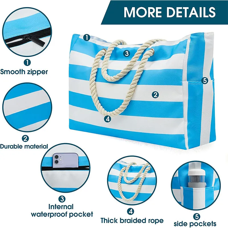 Customizable Outdoor Striped Large Storage Fashionable Cotton Handheld Beach Bag Large Capacity Travel Shopping Bag
