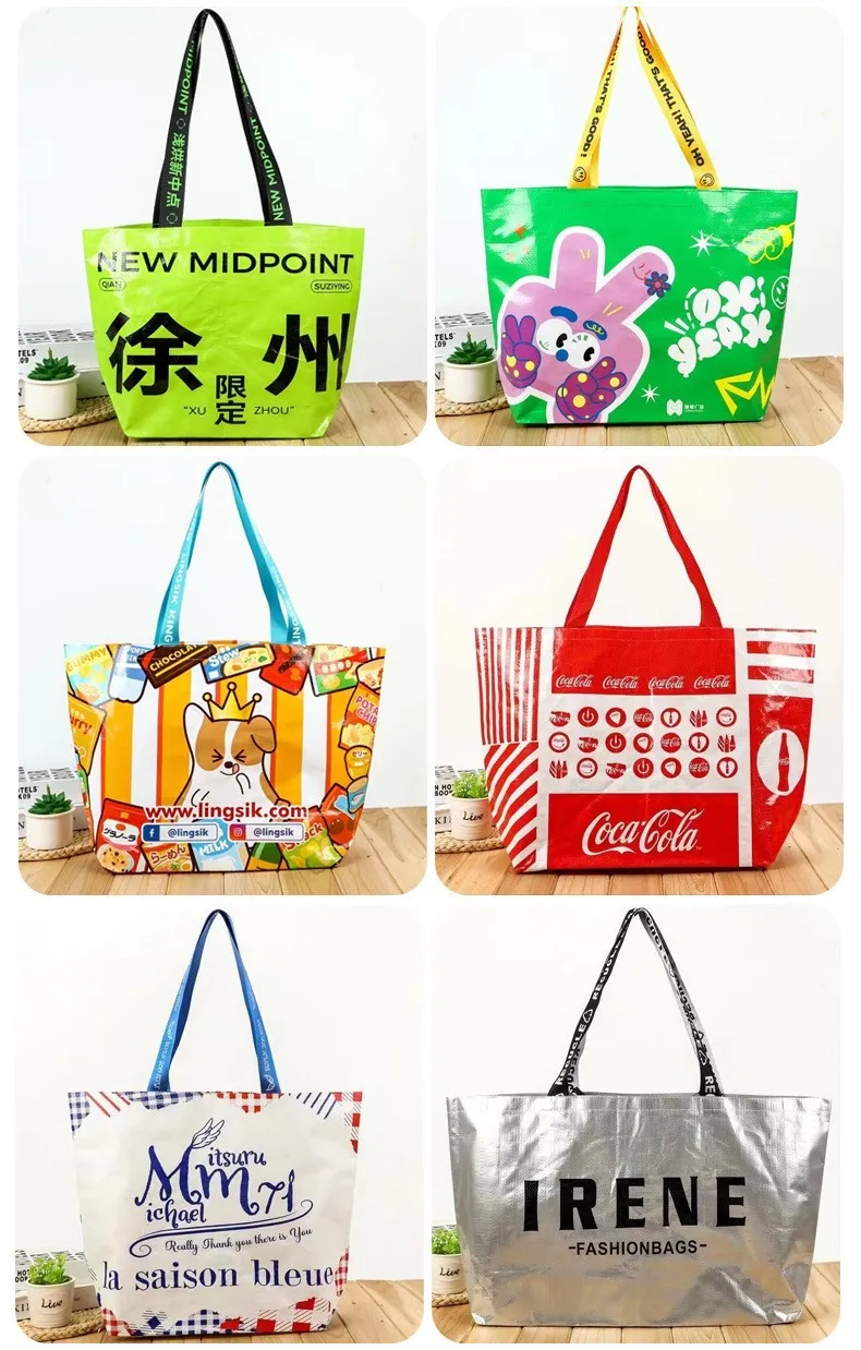 Handheld Woven Shopping Bag Covered with Plastic PP Color Printed Woven Bag