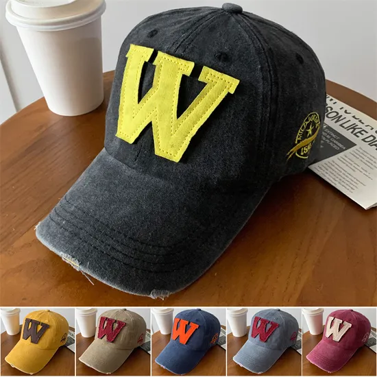 Classic Italic W Letter Washed Distressed Embroidered Baseball Cap