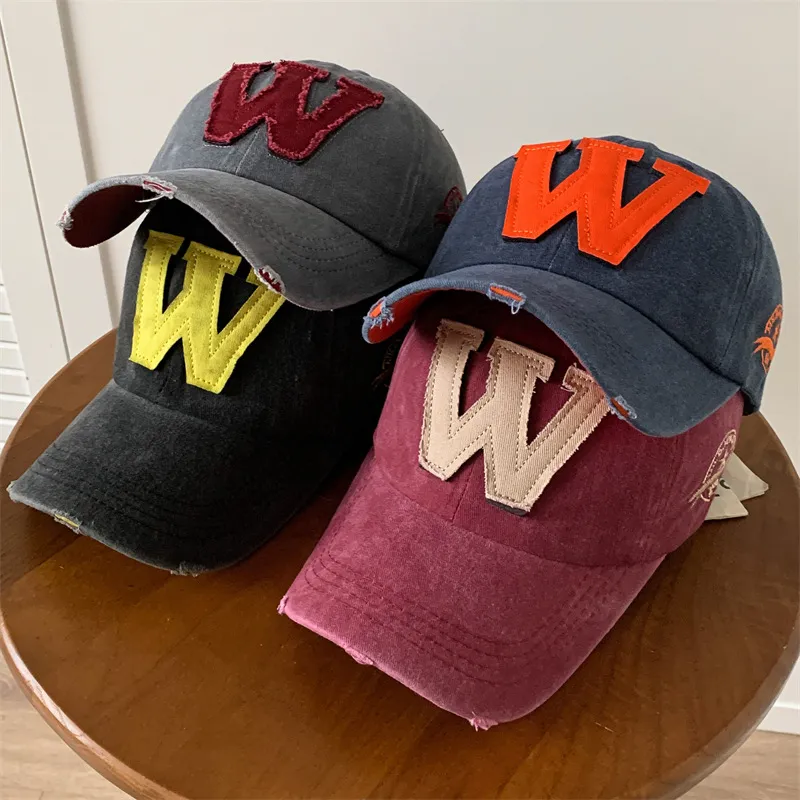Classic Italic W Letter Washed Distressed Embroidered Baseball Cap